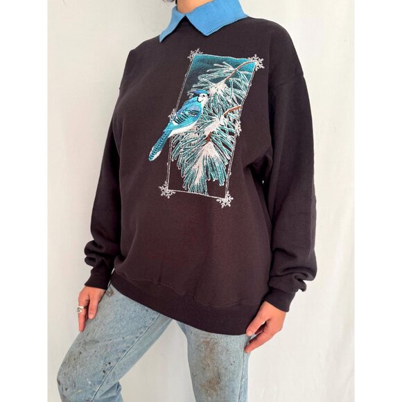 90s vintage snowy winter bird nature graphic collared cotton pullover sweatshirt - Picture 3 of 8